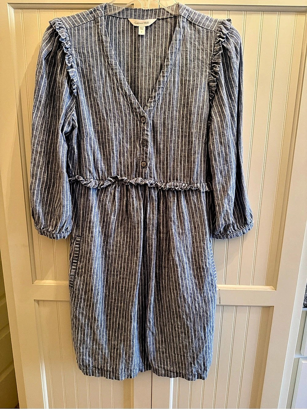 Garnet Hill Linen Ruffle-Detail Dress Blue & White Striped Midi